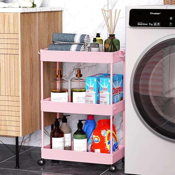SPACEKEEPER 3 Tier Rolling Cart, Bathroom Cart Organizer with Wheels, Pink | Mobile Storage Cart for Laundry Room Organization,Kitchen,Office,Bathroom, Utility Cart for Snack,Craft,Art,Makeup,Nail,Toys
