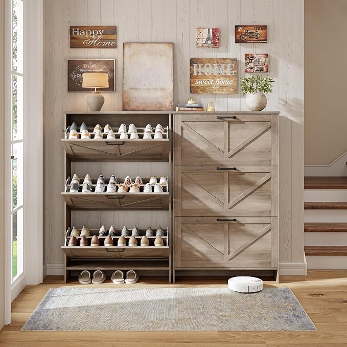 Shoe Cabinet for Entryway, 3 Flip Drawers Shoe Storage Cabinet with 3-Tier Adjustable Shelves, Ultra Slim Freestanding Hidden Shoe Organizer with Barn Door Design, Dove Gray
