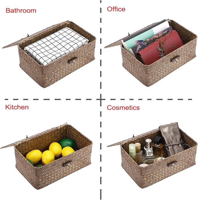 Hipiwe Wicker Shelf Baskets Bin with Lid Small Handwoven Storage Basket Box | Natural Seagrass Basket Bins Rectangular Household Basket Boxes for Shelf Wardrobe Home Organizer, Coffee