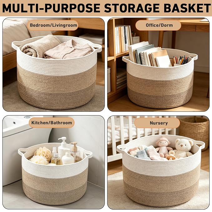 90L Extra Large Blanket Basket,Woven Rope Laundry Basket-Mix Brown | Collapsible Nursery Storage Bin with Sturdy Handles, Organizes Clothes, Toys and Pillows for Living Room, Bedroom, Bathroom