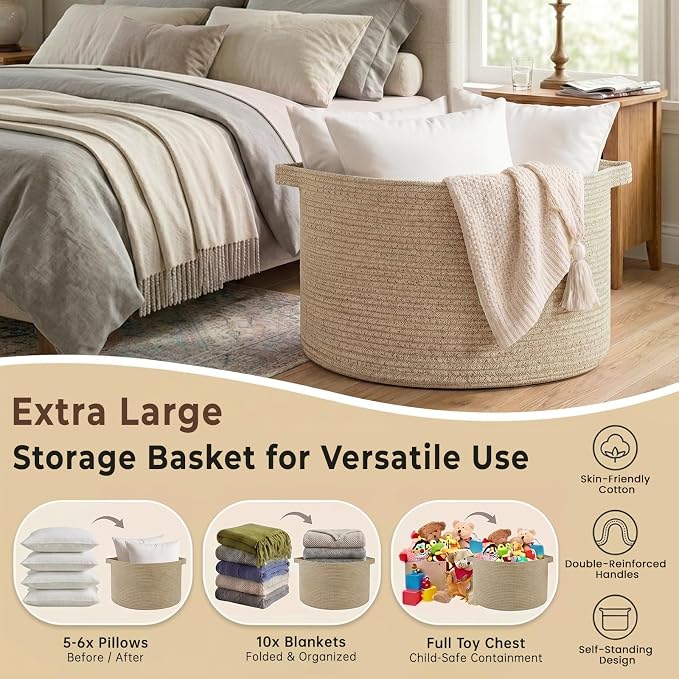OIAHOMY 90L Extra Large Blanket Basket - Decorative Cotton Rope Storage Basket for Bedroom, Living Room & Nursery - Woven Laundry Hamper for Organizing Blankets, Clothes & Toys - Brown