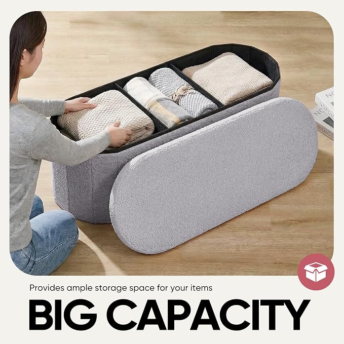 43 Inches Oval Ottoman with Storage, Boucle Sherpa Storage Ottoman Bench, Folding Foot Rest Chest for Bedroom Living Room