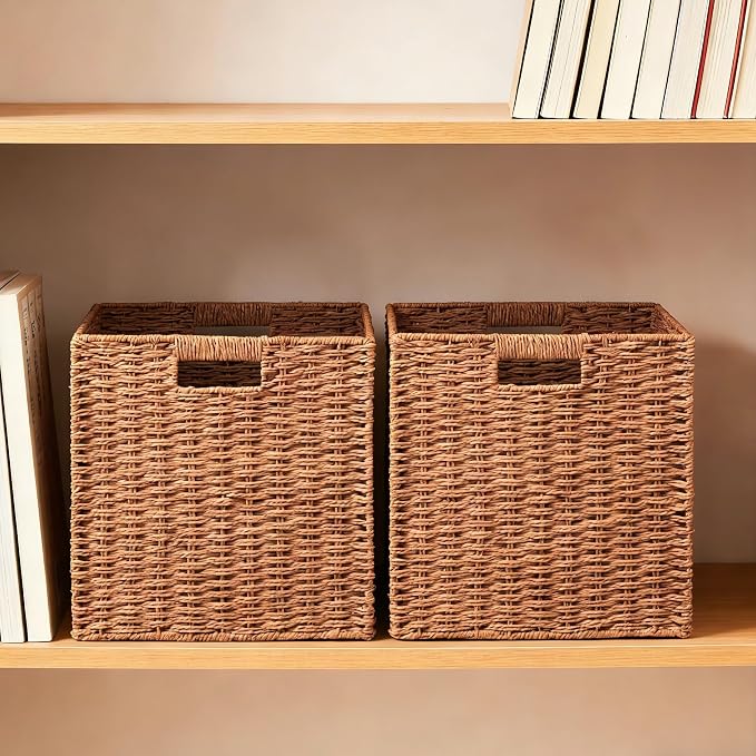 UBBCARE 3 Pack Wicker Basket, 11L×11H×10.5W inch Woven Paper Rope Storage Baskets for Shelves, Foldable Cube Storage bin with Handle, Storage Basket for Organizing & Decor,Caramel