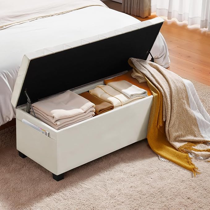 VEVOR Storage Ottoman Bench, End of Bed Bench with 2 Side Bags, Fabric Upholstered with Metal Frame, Toy Box Storage, Bed Benches for Foot of Bed, Bench for Entryway, Living Room, Playroom, Beige