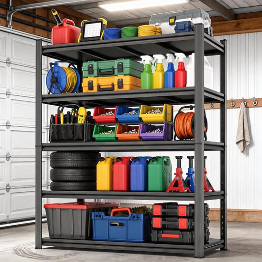 Garage Shelving, Heavy Duty Storage Shelves, Adjustable Boltless Units | Metal Shelving with Double Layer Posts, Industrial Steel Shelving for Garage Basement Warehouse Kitchen, Black, 63H*45W*16D