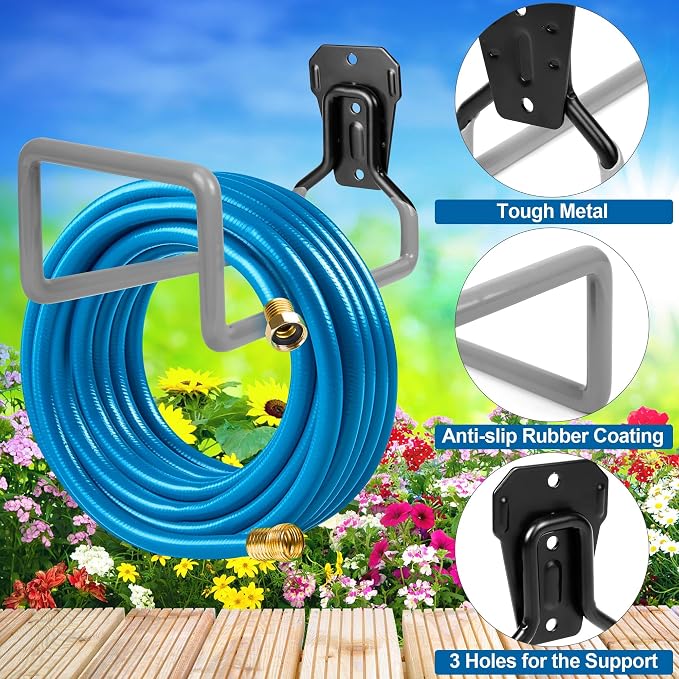 PeoMev 2PCS Water Hose Holder Wall Mount Metal Hose Hanger Garden Hose Rack | Heavy Duty Hose Storage for Outside Water Hose