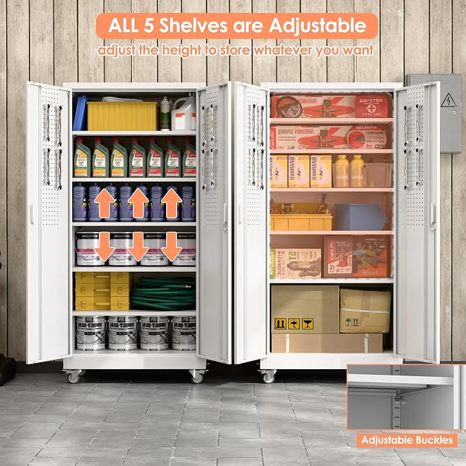 Aobabo 71" White Metal Storage Cabinet with Wheels and Pegboard | 16"D x 32"W x 71"H steel cabinet; lockable doors, 5 adjustable shelves, and wheels for garage, office, pantry.
