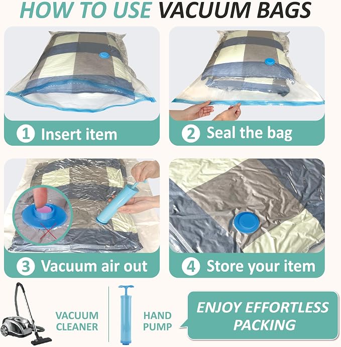 Cozy Essential Vacuum Storage Bags, 80% Compression Vacuum Seal Space Saver Plastic Packaging Bags for Clothes, Blankets, Pillow, Bedding, Comforters, Sealer Clothing Storage,12 Medium