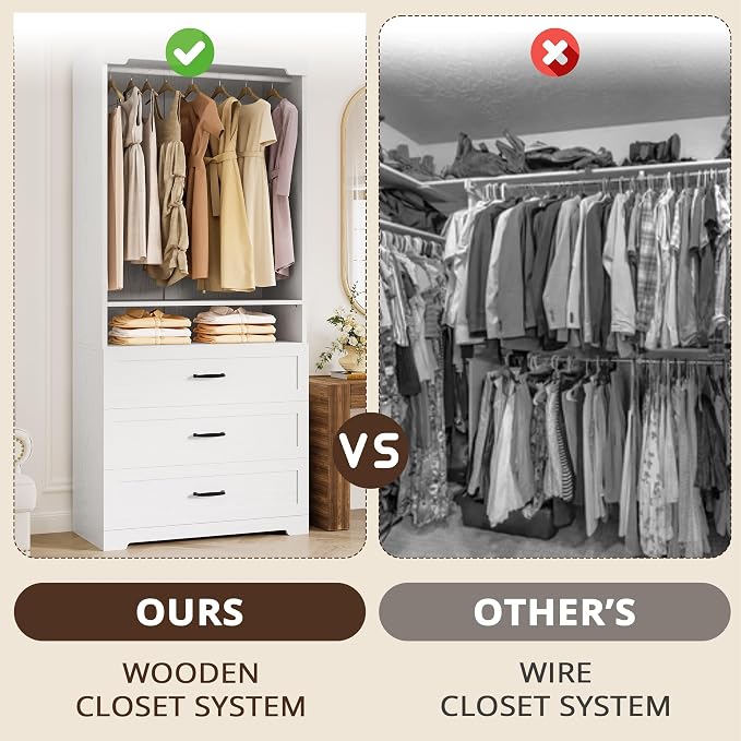 IRONCK Freestanding Closet System with Adjustable Shelves & 3 Drawers | Closet Organizer with Hanging Rod, Ideal for Bedrooms, Apartments and Small Closet Storage