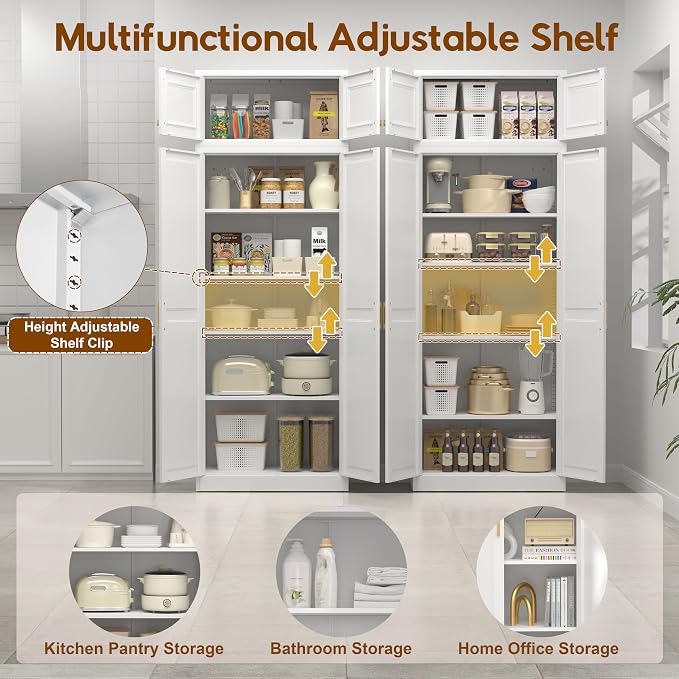 UNICOLY 86.6" Kitchen Pantry Cabinet, Pantry Storage Cabinet with Doors | Tall Storage Cabinet with 4 Shelves，Metal Kitchen Pantry for Kitchens, Living Room, Dinning Room, Assembly Required, White
