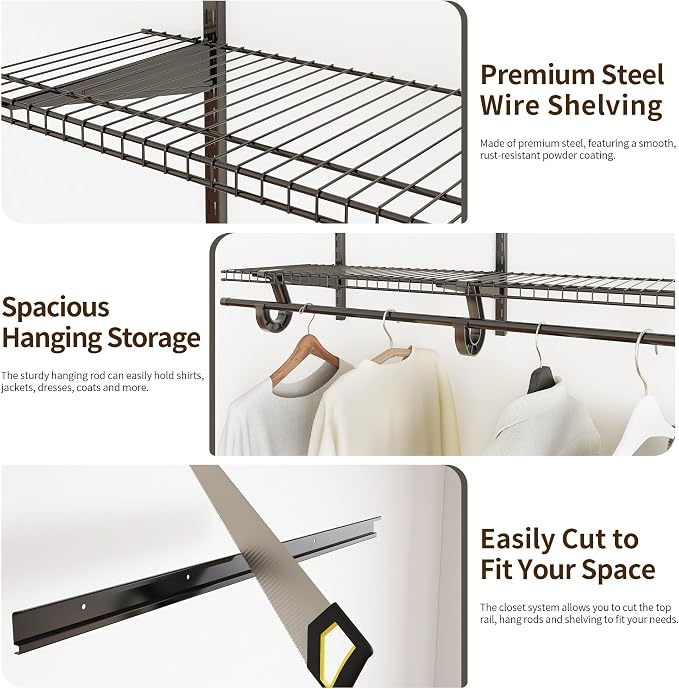 PROWORX 4-6 Ft. Charcoal Gray Custom Wire Closet Organizer System Kit | Adjustable Wall Mounted Metal Wire Closet Shelving System, Closet Shelves with Hanging Rods for Pantry Laundry Mudroom