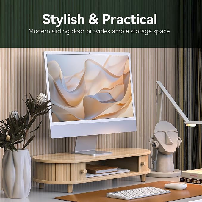 Bamboo Monitor Stand with Storage, 25 Inch Desk Shelf Riser | Curved Computer Laptop Stand Desk Shelf Organizer with Sliding Doors for 47-55 Inch Desk