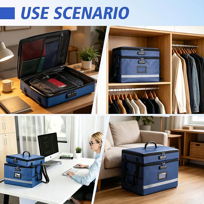 EXLIFBAG 2 Layer File Box with Lock, Portable Document Organizer Box with Handle, Fireproof File Box for Home Office, Legal File Organizer Storage