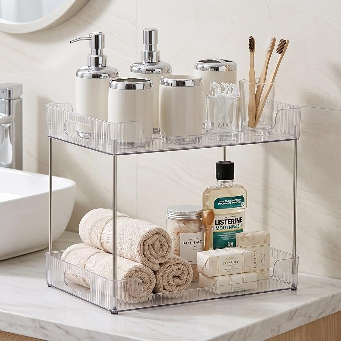Goderewild 2-Tier Bathroom Counter Organizer, Multi-Purpose Cosmetics Skincare Shelf, Fits A4 Size Makeup Organizer for Office and Vanity Tray, Countertop Storage Solution for Kitchen,Bath.(Clear)