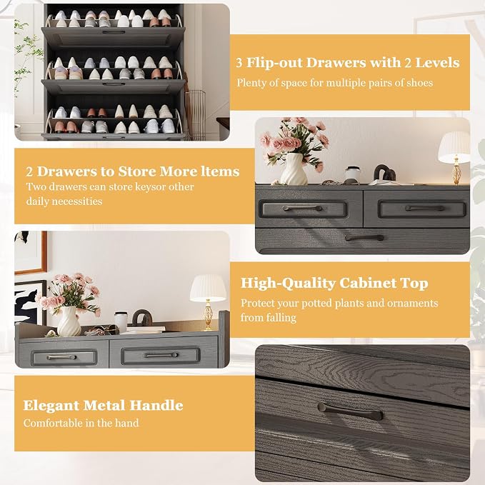 ODUWA Shoe Cabinet with 3 Flip Drawers and 2 Storage Drawers, Shoes Organizer Cabinets with Adjustable Divider, Hidden Shoe Storage Cabinet for Entryway, Hallway, Living Room, Dark Grey