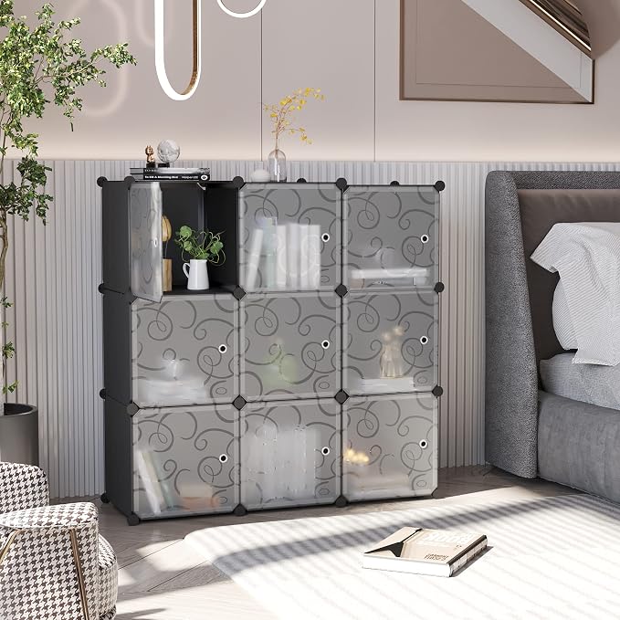 C&AHOME 9-Cube Storage Organizer with Door Cube Shelf Closet Cabinet Black | DIY Plastic Modular Bookshelf, Stackable Clothes Storage Shelving Ideal for Home, Bedroom, 36.6”L x 12.4”W x 36.6”H