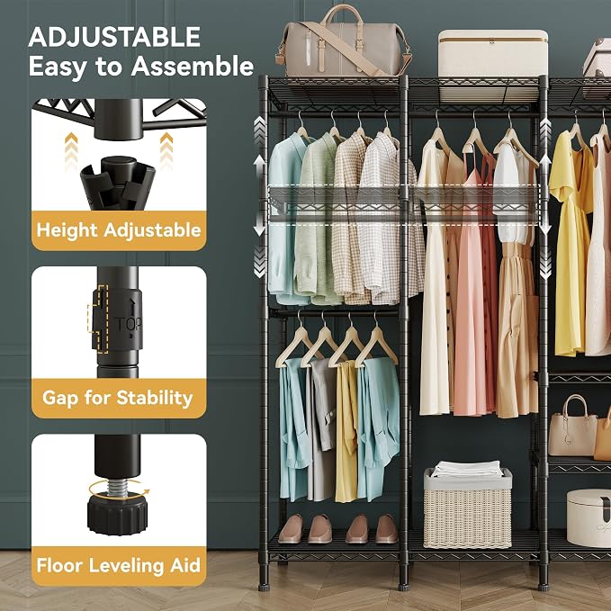 Higeego H5 Heavy Duty Clothes Rack, Black Clothing Rack for Hanging Clothes | 93.3"Wx15.7"Dx75.4"H, Large Garment Rack, Freestanding, Wardrobe Closet with Adjustable Shelf, Load 1400 lbs