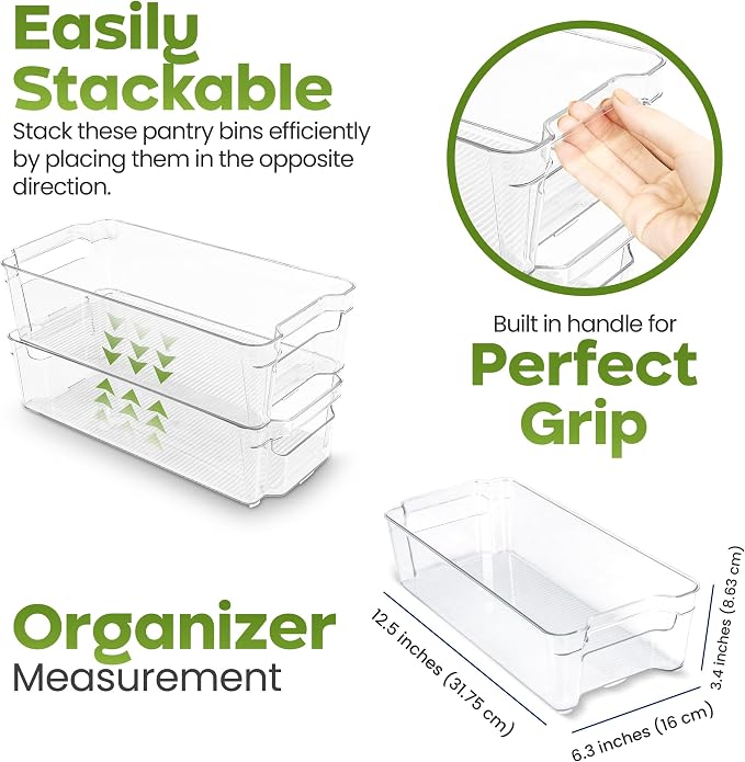 Utopia Home - Fridge & Refrigerator Organizer Bins (8 Pack), Clear Stackable Durable Plastic Storage Containers with Easy Grip Handles for Pantry, Kitchen Cabinets & Countertops (8)
