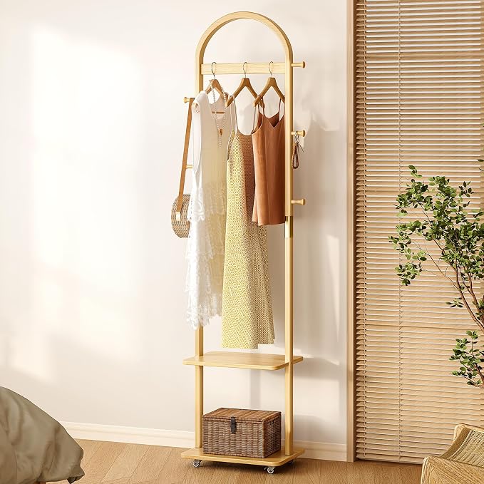 15.9" Narrow 3-in-1 Rolling Clothing Rack,Wooden Coat Rack with Wheels, 2 Shelves and 5 Hooks, Solid Rubber Wood Coat Rack with Shelves for Entryway, Bedroom, Living Room, Burlywood
