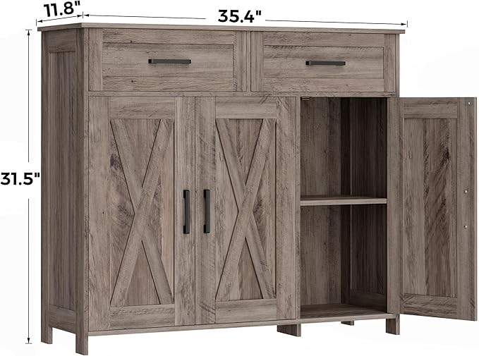 Homhedy Coffee Bar Storage Cabinet with Drawers, Kitchen Buffet Cabinet | Sideboard Cabinet with Doors, Farmhouse Buffet Cabinet, Adjustable Shelves, for Kitchen / Dining / Living Room, Greige