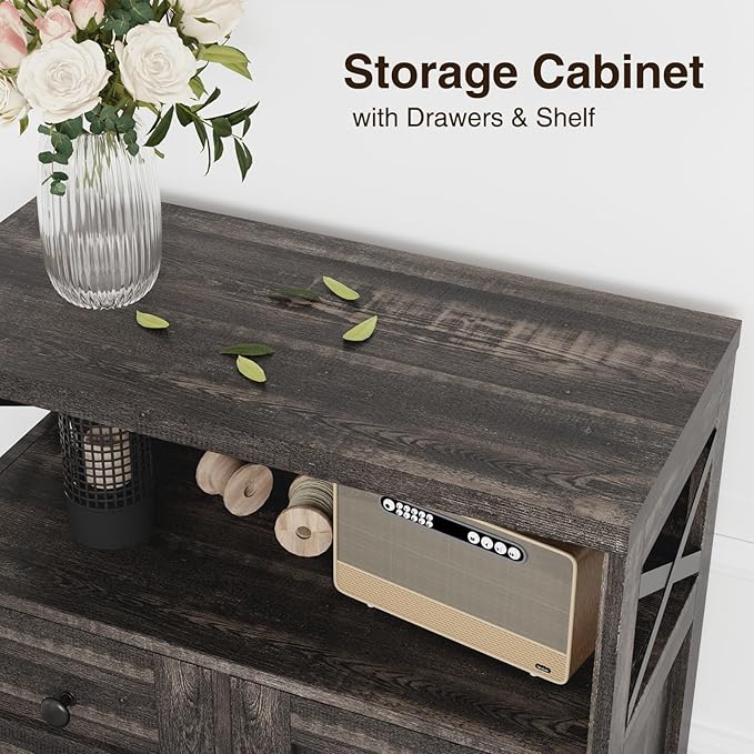 Farmhouse Accent Storage Cabinet with Drawers, Small Kitchen Pantry Cabinet | Coffee Bar Cabinet Cupboard, 2 Storage Drawers, 2 Barn Doors & Adjustable Shelves, for Kitchen/Entryway/Living Room/Bathroom