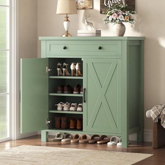 Farmhouse Shoe Storage Cabinet, 5-Tier High Boots Organizer with Adjustable Shelves, Large Drawer & Barn Doors, Entryway Shoe Rack for Hallway Living Room, Green