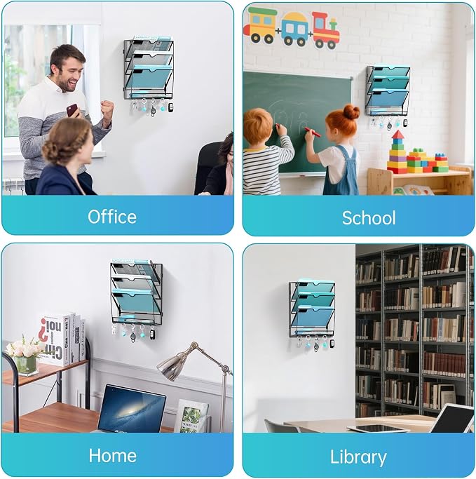 Wall File Organizer - Hanging File Organizer with 5 Hooks, Mail Holder Wall Mounted for Papers, Folders, Magazines, Bills, 4 Tier Office&School Organization, Black