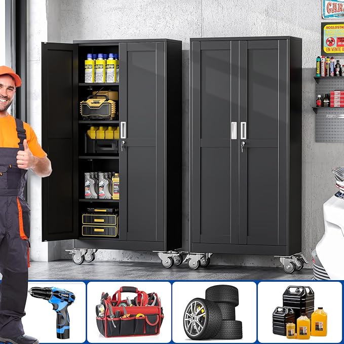 GAIOUS Metal Garage Storage Cabinet with Lock, Steel Tool Cabinet with 2 Door and 4 Adjustable Shelves, 71” Tall Lockable File Cabinet with Wheels, Rolling Cabinet for Home Office Garage Gym - Black