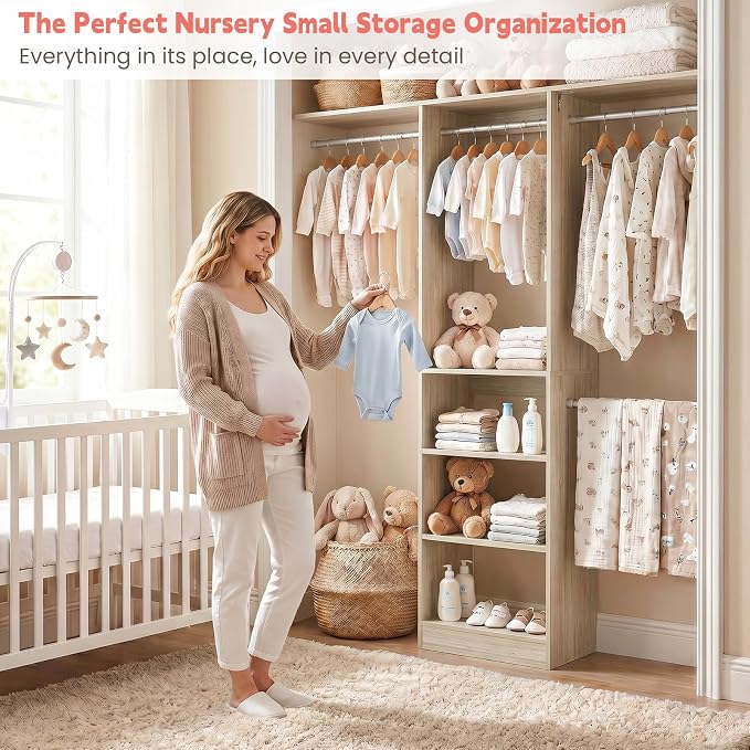 48" Small Closet System, Space-Saving Wall-Mounted Wardrobe Organizer, Mini Garment Rack for Narrow Spaces, Morning Outfit Prep Station & Nursery Dress-up Storage, White Oak