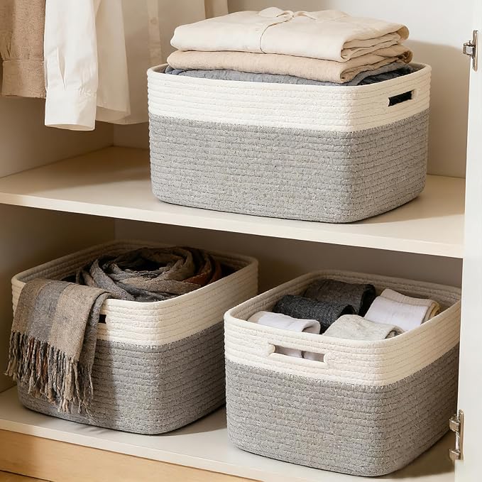 3 Pack Woven Baskets,Storage Baskets for Shelves with Handles | 13.5"×11"×9.5", Closet Baskets, Nursery Organizer for Toys Towels Books, Storage Bin for Living Room Bedroom (White & Grey)