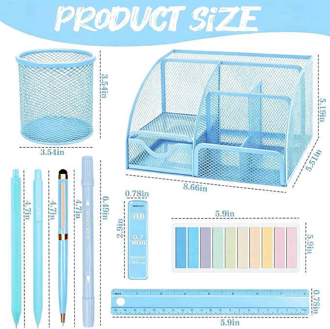 Blue Office Supplies, 17Pcs Blue Desk Accessories Set Include Stapler, Mesh Desk Organizer, Tape Dispenser, Staple Remover, Pen Holder, Clips, Pens, Ruler, for Office Home School Women Students Gift