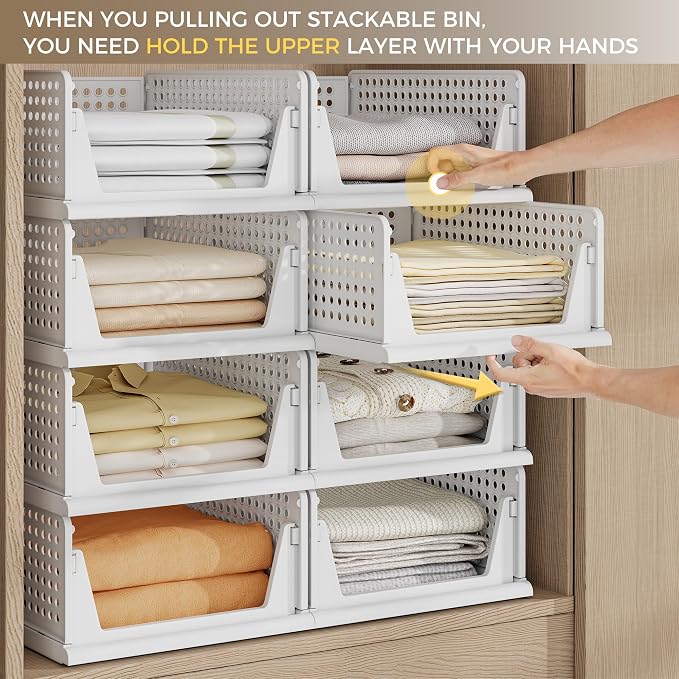 Pinkpum 8 Pack Closet Organizer Storage Bins Stackable Plastic Drawer Shelf | Basket for Clothing Stackable Storage Bins Shelf Storage Container for Closet Wardrobe Bedroom Bathroom Office White Foldable