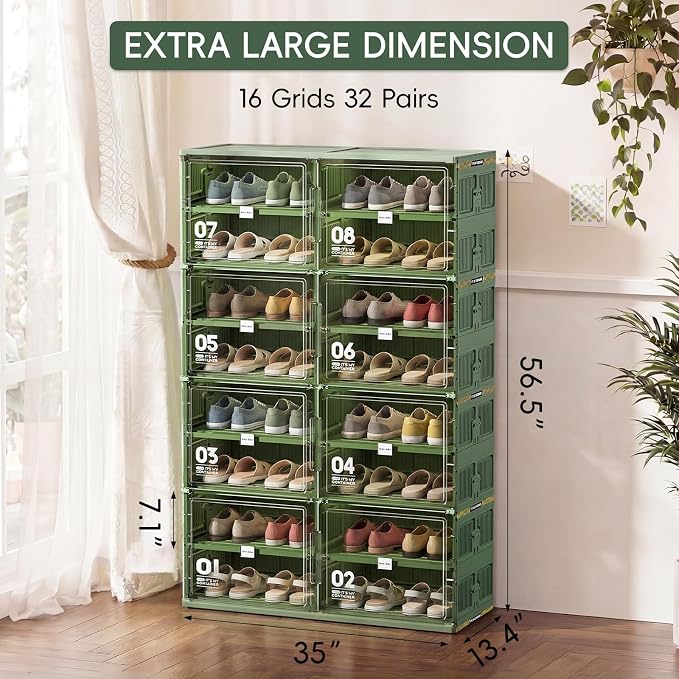 JEKO&JEKO 8 Tiers Green Foldable Shoe Rack Organizer for Entryway, Outdoor Front Door Shoe Storage Cabinet, Large Collapsible Shoe Box with Magnetic Doors, Holds Up to 32 Pairs