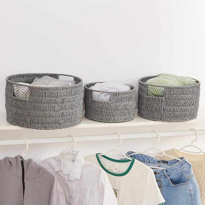 Wicker Storage Basket, Hand-Woven Paper Rope Large Round Woven Basket With Handles, Wicker Baskets for Organizing/Storage, Grey, 3-Pack