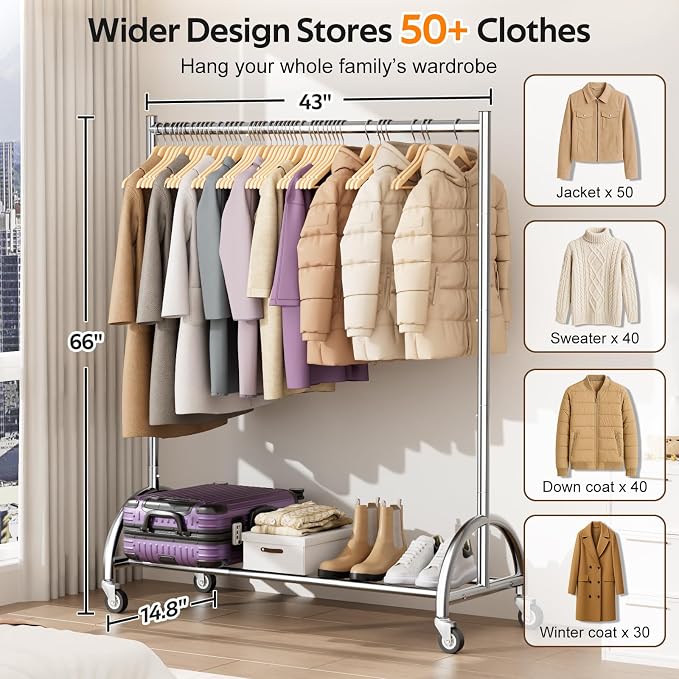 MISSLO Heavy Duty Clothing Rack with Wheels Rolling Clothes Racks for Hanging Clothes, Coats, Garment, Dress, Silver