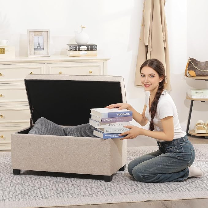 Adeco 31 Inches Storage Ottoman Bench, Non-Folding End of Bed Foot Rest Stools Ottoman with Thicker Foam Padded Seat, Upholstered Storage Chest for Living Room, Entryway, Bedroom