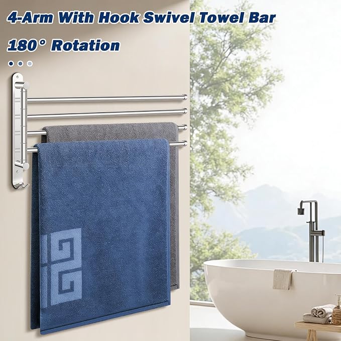 NearMoon Swivel Towel Rack, 19.5" Thicken 304 Stainless Steel 4-Arm Towel Bar, Space Saving Wall Mounted Towel Holder with Hook, Rustproof Swing Out Towel Hanger for Bathroom, Kitchen (Chrome Finish)