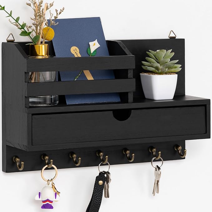 dreampossible Key and Mail Holder for Wall, Mail Organizer Wall Mount with 6 Hooks and Storage Drawer, Wooden Key Rack Hanger with Shelf for Entryway and Home Decor