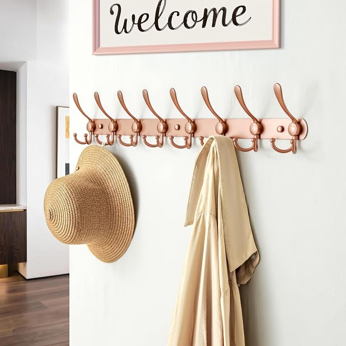 Dseap Coat Rack Wall Mount - 29.5” Long 8-Tri-Hooks Heavy Duty Coat Hanger Rail Wall Hooks for Hanging Coats Hats Clothing Clothes Purse Mudroom Entryway, Rose Gold