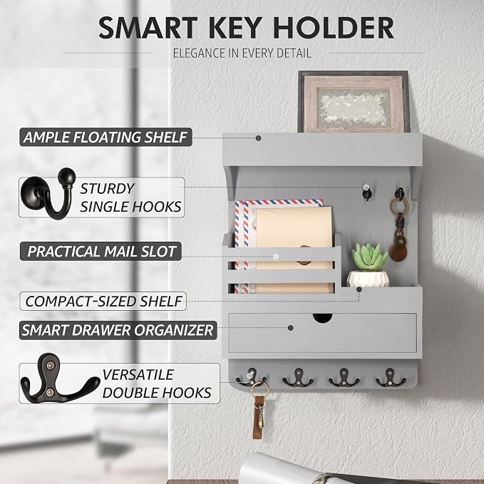 Rebee Vision Key Holder Wall Mount with Drawer &Shelf for Entryway, Gray | Key Holder for Wall, 6 Key Hooks, Floating Shelf, Drawer Organizer, Mail Organizer, Trendy Home Decor, Room Decor Aesthetic