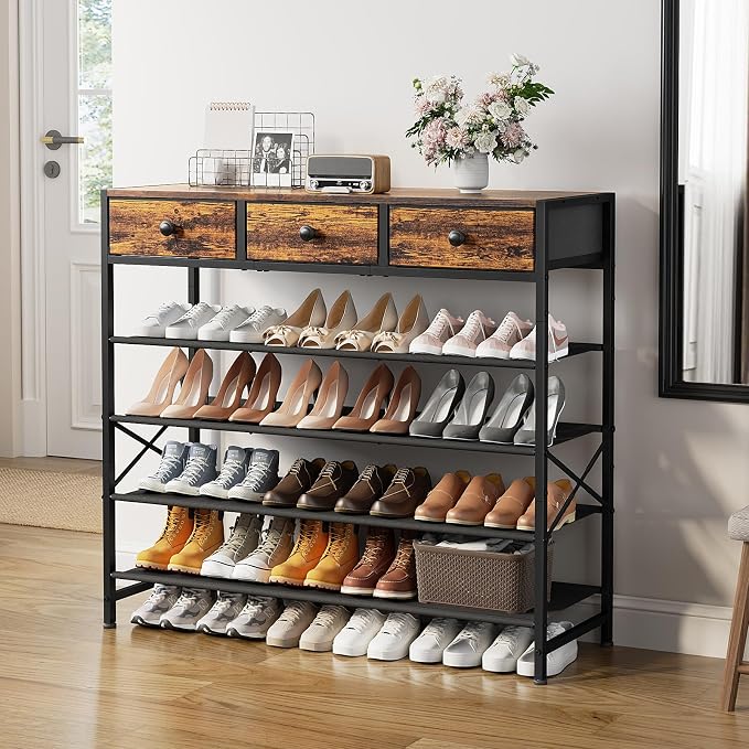 5 Tier Shoe Rack with 3 Drawers Rustic Brown | Holds 24-30 pairs. 3 drawers for accessories. Fabric shelves keep shoes dust-free. Quick 20-min assembly.
