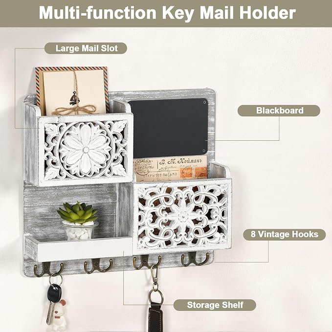 Mail Organizer Wall Mounted | 2 Slots Key Holder for Wall with 8 Hooks, Rustic Wood Key Rack with Shelf for Entryway Hallwall Farmhouse