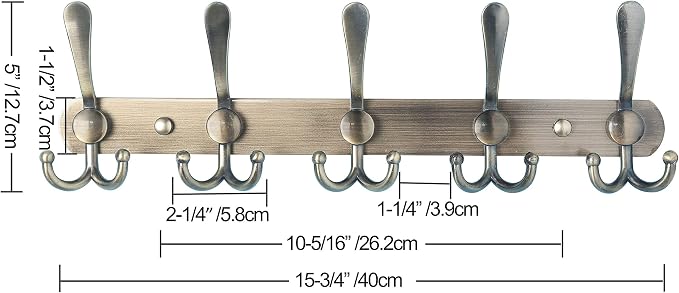 Dseap Wall Mounted Coat Rack - 5 Tri Hooks, Heavy Duty, Stainless Steel, Metal Coat Hook Rail for Coat Hat Towel Purse Robes Mudroom Bathroom Entryway (Bronze, 2 Packs)