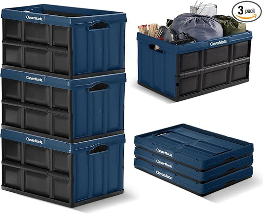CleverMade Collapsible Storage Bins, 62L, 3 Pack, Ocean | Extra-large bins support 100 lb for groceries, tools, and gear. They stack securely and fold to 2.75 inches for storage.