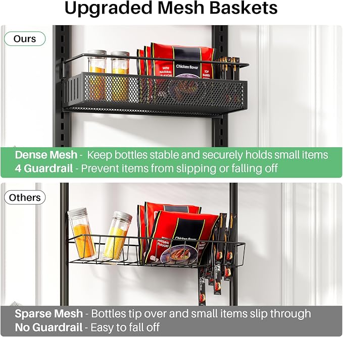 8 Tiers Over the Door Organizer - Height Adjustable Pantry Organizers and Storage with Dense Mesh Baskets, Anti-Swing Hanging Door Spice Rack for Kitchen Bathroom (Black, 12.3"W x 4.7"D x 69"H)