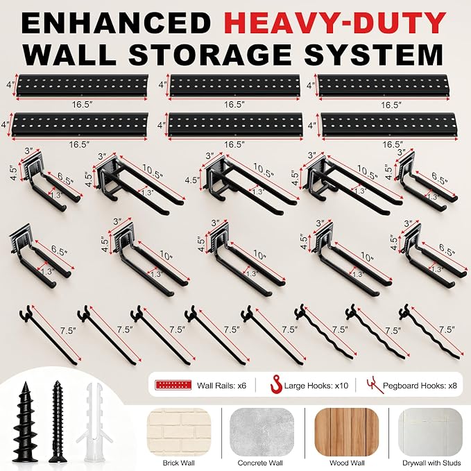 Garage Tool Organizer Wall Mount 99 inches with 18 Adjustable Heavy-Duty Hooks, Garage Organization, Garden Tool Storage Rack, Yard, and Shed, Holds Up to 750 lbs