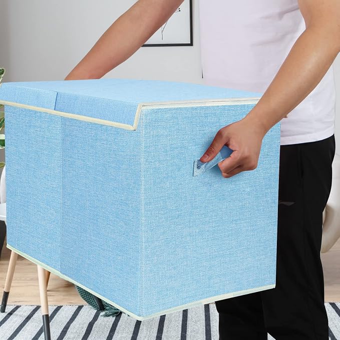 Large Toy Box Chest Storage with Flip-Top Lid, Kids Toy Storage Bin Boxes | Toy Chest with Rivets Handles for Kids, Boys, Girls, Nursery, Playroom, Living Room, Bedroom, 25"x 13" x 16" (Linen Blue)