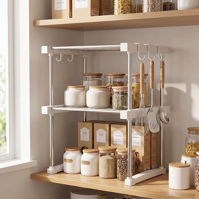 BLULEE Expandable Under Sink Organizer, No-Drill Adjustable Shelf | Custom fit around pipes cabinet rack for bathroom vanity and kitchen pantry, supporting heavy laundry supplies.