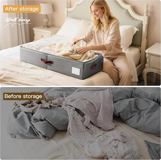 Under Bed Storage Bins with Clear PVC Lids – 4 Pack Large Underbed Organizers with Heavy-Duty Handles, Reinforced with 800G PP Panels & 80G Non-Woven Fabric – Waterproof & Foldable, Gery
