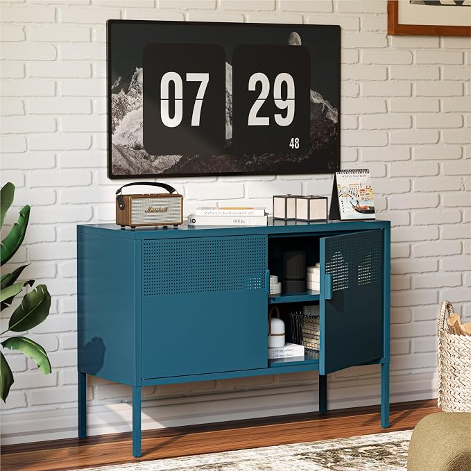 COFaR TV Stand for TVs up to 75 Inch, 40 Inch Media Console with Ventilation Doors, Metal Entertainment Center with Adjustable Shelves & 120Lbs Storage for Living Room & Bedroom, Peacock Blue